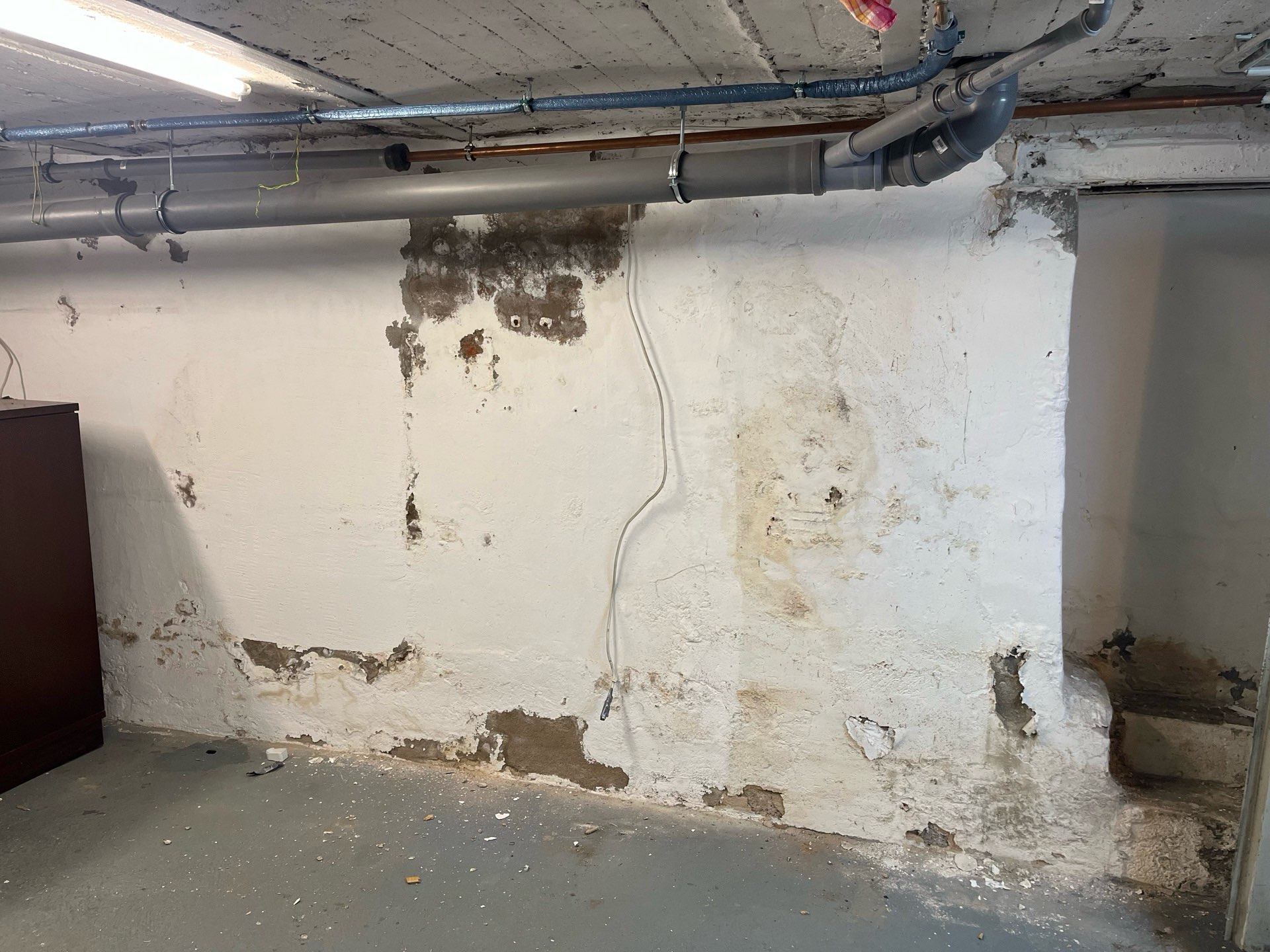 Feuchte Kellerwand mit abplatzendem Putz und Feuchtigkeitsschäden